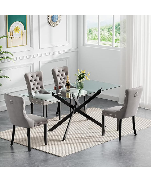 Modern 5-Piece Glass Dining Table Set for 4, Modern 60" Rectangle Black Glass Dining Room Table Set with Grey Velvet Tufted Chairs Wood Legs for Kitchen Dining Room