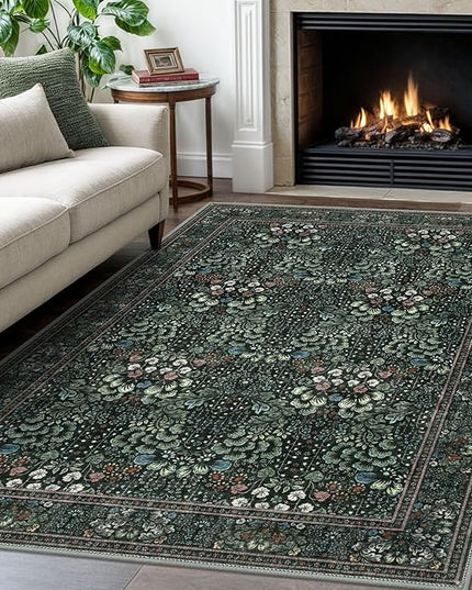 4x6 Modern Rug for Farmhouse, Dark Green Super Soft Washable Rug with Non-Slip, Low-Pile Indoor Door Area Rugs for Living Room Bedroom, Carpet with Non-Shedding