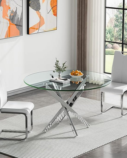 HomVent Round Glass Dining Table Set for 2, 3-Piece Modern Kitchen Table Set with 2 PU Upholstered Chair for Kitchen Dining Room, Glass Dining Room Table Set