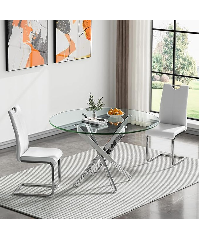 HomVent Round Glass Dining Table Set for 2, 3-Piece Modern Kitchen Table Set with 2 PU Upholstered Chair for Kitchen Dining Room, Glass Dining Room Table Set