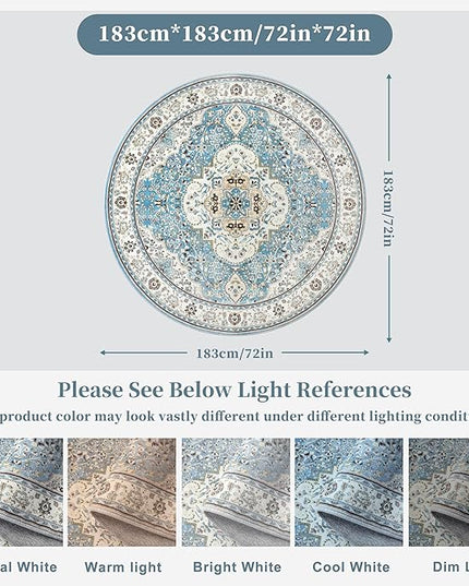 Ciicool Washable Area Rug Round 6’x6’ Boho Bedroom Rug Non-Slip Oriental Carpet Throw Rug Low-Pile Indoor Floor Carpet for Dining Room Living Room Laundry Foyer Decor (Vintage Blue)
