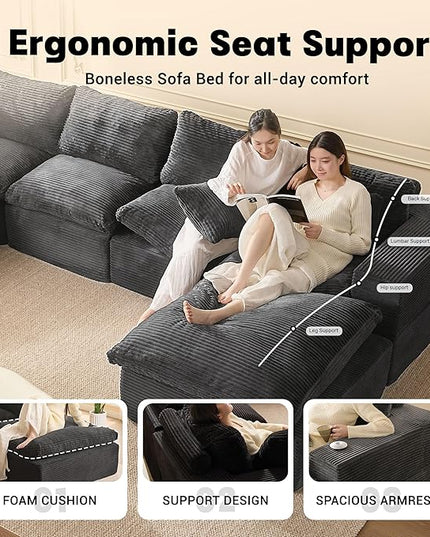 137.8” Sectional Couches for Living Room, Cloud Couch, Modular Sectional Sofa, Convertible Sofas Bed, Deep Seat Sofa, U Shaped Cozy Sofa Furniture Set, Corduroy, Gray