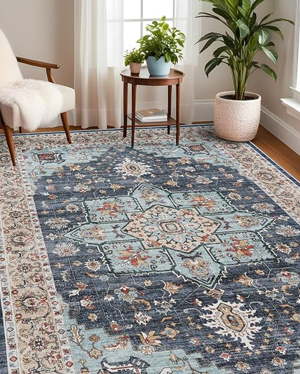 Washable Oriental Area Rug - 7x9 Rugs for Living Room Soft Carpet for Bedroom Waterproof Floral Distressed Indoor Stain Resistant Non-Shedding Floor Carpets (Blue/Teal/Orange, 7x9)