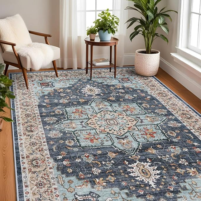 Washable Oriental Area Rug - 7x9 Rugs for Living Room Soft Carpet for Bedroom Waterproof Floral Distressed Indoor Stain Resistant Non-Shedding Floor Carpets (Blue/Teal/Orange, 7x9)