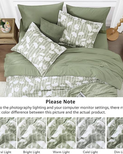 King Comforter Set -7 Pieces Sage Green Floral Comforter Set for All Seasons, Bed in a Bag King with Botanical Flowers Comforter, Sheets, Pillowcases & Shams