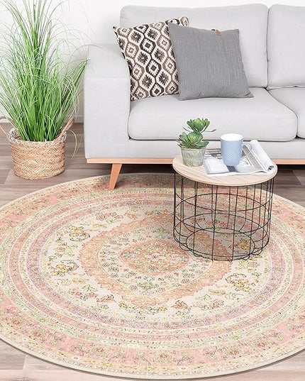 Round Area Rugs 5ft Washable,Pink Rug for Living Room Bedroom Dining Room,Circle Boho Vintage Bohemian Distressed Farmhouse Carpet Non Slip,Blush Floral