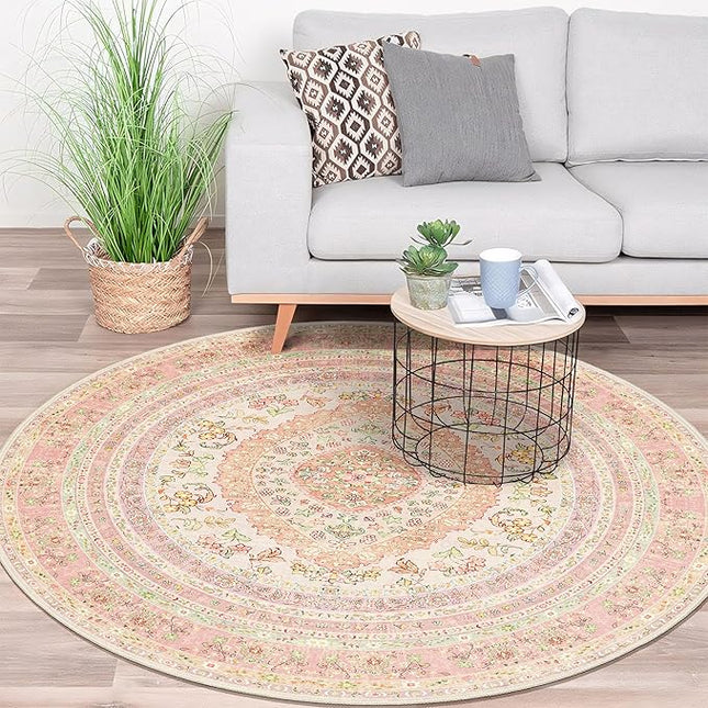 Round Area Rugs 5ft Washable,Pink Rug for Living Room Bedroom Dining Room,Circle Boho Vintage Bohemian Distressed Farmhouse Carpet Non Slip,Blush Floral