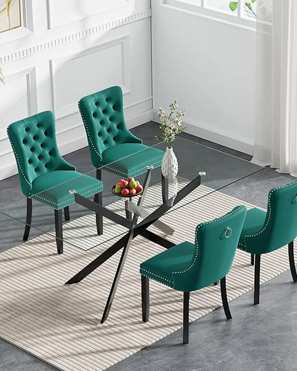 HomVent 5 Piece Rectangular Glass Dining Table Set, Tempered Glass Dinner Table Set for 4 Kitchen Table Set with 4 Velvet Upholstered Chairs for Kitchen Dining Room