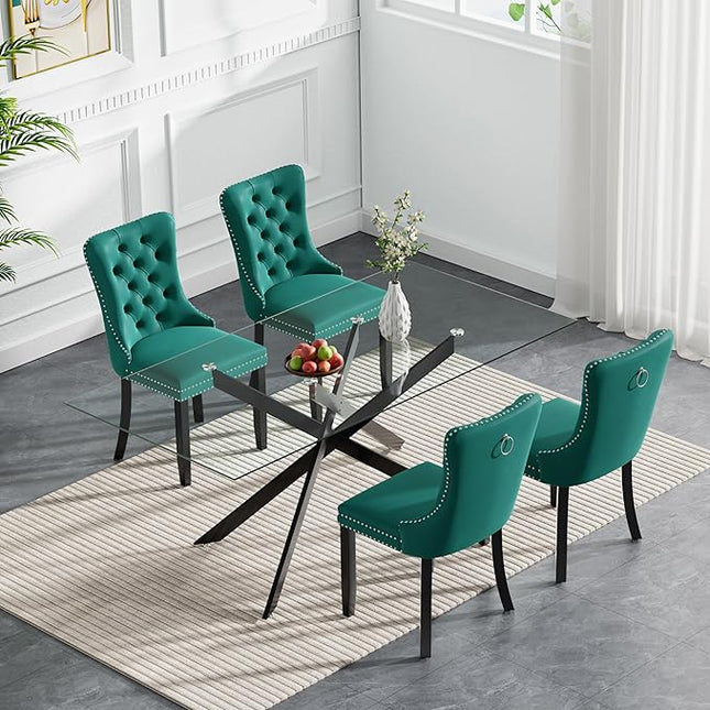 HomVent 5 Piece Rectangular Glass Dining Table Set, Tempered Glass Dinner Table Set for 4 Kitchen Table Set with 4 Velvet Upholstered Chairs for Kitchen Dining Room