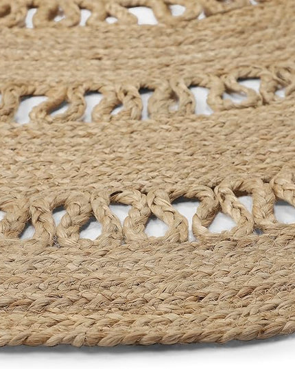 REDEARTH · Round Area Rug - 5 Feet Braided Scalloped Earthy Trails Jute Rug- Artisan Made Boho Jute Patterned Rugs for Bedroom, Kitchen, Living Room, Farmhouse, Aesthetic, Handmade Vintage Décor
