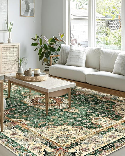 8'x10' Area Rugs Washable,Green Rug for Living Room Bedroom Dining Room,Large Boho Vintage Bohemian Distressed Oriental Carpet Non Slip,Retro Sage Floral