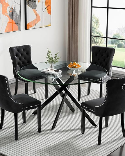 HomVent 5 Piece Round Glass Dining Table Set, Tempered Glass Dinner Table Set for 4 Kitchen Table Set with 4 Velvet Upholstered Chairs for Kitchen Dining Room