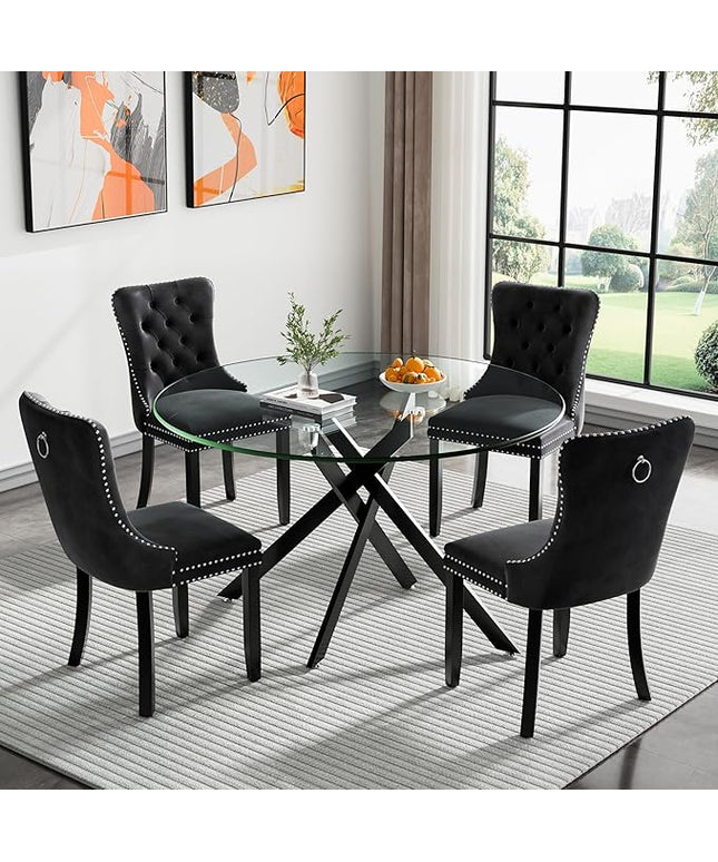 HomVent 5 Piece Round Glass Dining Table Set, Tempered Glass Dinner Table Set for 4 Kitchen Table Set with 4 Velvet Upholstered Chairs for Kitchen Dining Room