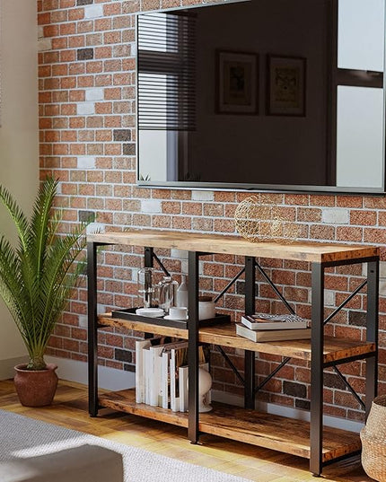 IRONCK Rustic Entryway Console Table, Long Hallway Table 47 in 3-Tier, TV Stand Entertainment Center Media Stand for Living Room, Industrial Style, Vintage Brown