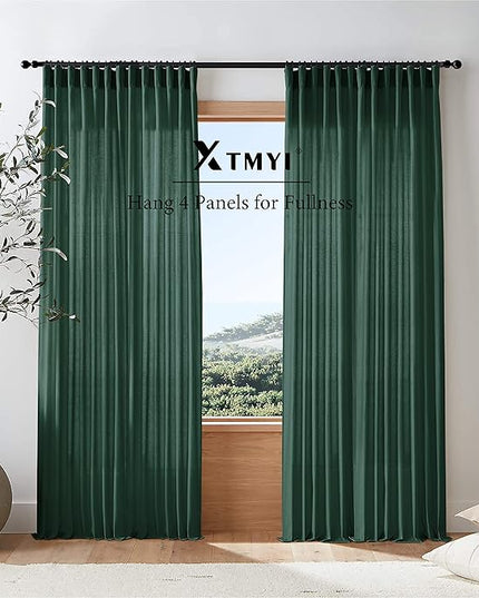 XTMYI Emerald Dark Green Curtains for Living Room 84 Inches Long 2 Panels Set Linen Rod Pocket Back Tab Hooks Pleated Hunter Green Vintage Retro Curtains for Bedroom Decor Dining Room