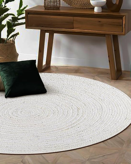 Hand Woven Jute Area Rug - 4' Round - Rustic White Reversible Farmhouse Rugs for Bedroom, Kitchen, Living Room - Vintage Natural Braided Entry Floor Décor Circle Boho 4ft Round Rug