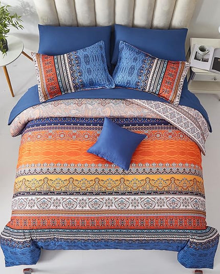 Cottolester Boho Comforter Set King Size 8 Piece Bed in a Bag Burnt Orange Paisley Fall Comforter and Sheet Set Bohemian Striped Bedding Set,Soft Microfiber Complete Bedding Set