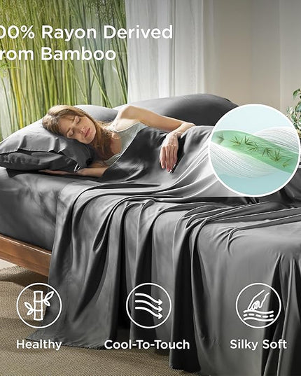 Bedsure Full Size Bed Sheets, Cooling Sheets, Rayon Derived from Bamboo, Breathable & Soft, Deep Pocket Up to 16 Inches, Hotel Luxury Silky Bedding for Hot Sleepers, Grey