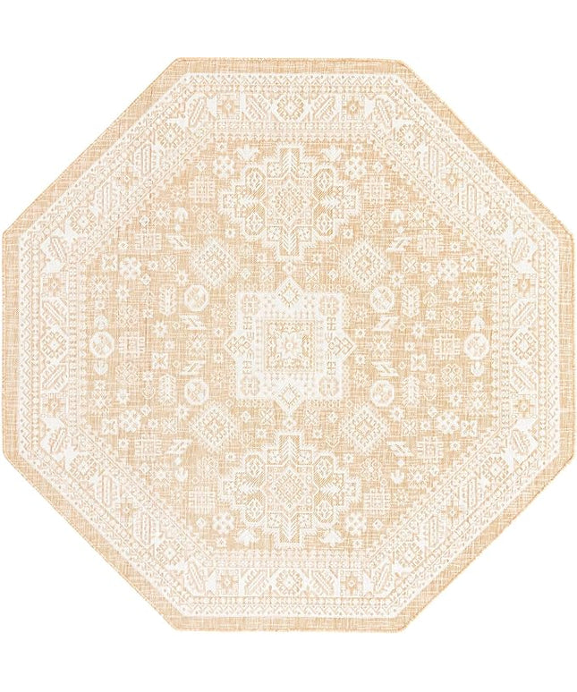 Rugs.com Outdoor Aztec Collection Rug – 8 Ft Octagon Natural Flatweave Rug Perfect for Living Rooms, Kitchens, Entryways