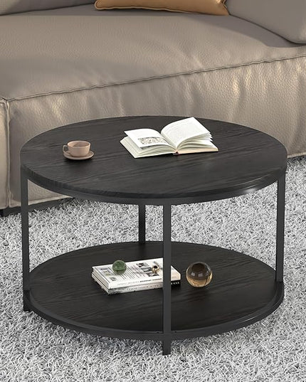 NSdirect Round Coffee Table, 25.6" Small Coffee Table for Living Room,2-Tier Rustic Wood Desktop with Storage Shelf Modern Design Home Furniture(Brown)