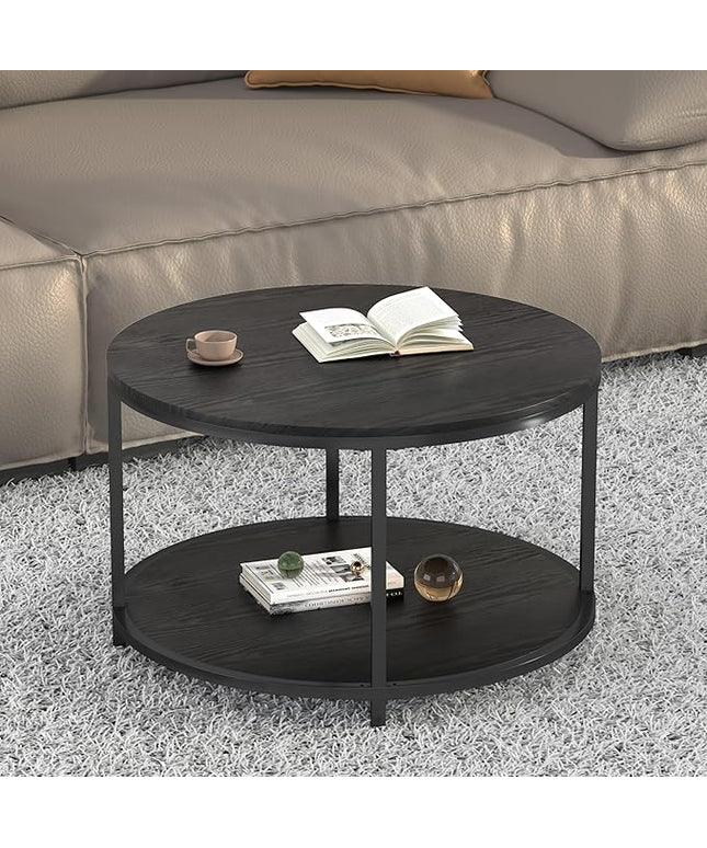 NSdirect Round Coffee Table, 25.6" Small Coffee Table for Living Room,2-Tier Rustic Wood Desktop with Storage Shelf Modern Design Home Furniture(Brown)