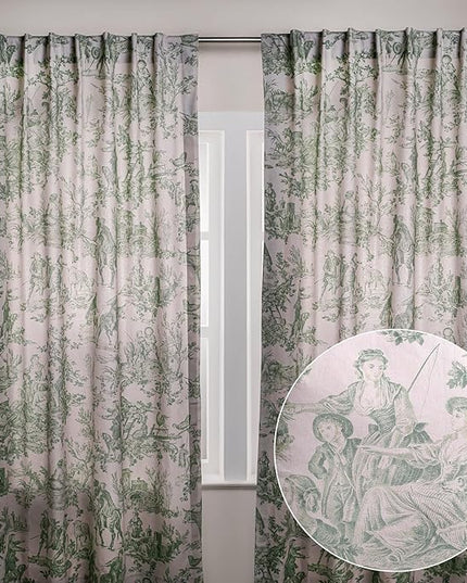Maison d' Hermine Curtains for living room 100% Cotton 124 inch length Two Panels Light Filtering Toile Curtains for Bedroom Windows with rod and loop Pockets (The Miller Antique Green, 50"W x 124"L)