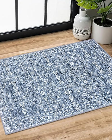 2x3 Washable Rugs for Entrance, Blue Soft Distressed Floral Area Rug, Non-Slip Low-Pile Doormat for Entryway, Dorm, Bedside, Foyer, Indoor Door Mat