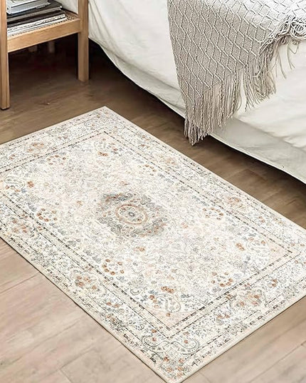 Small Rugs 2x3,Boho Rug for Entryway Bathroom Bedroom Kitchen Entrance Doormat,Vintage Bohemian Distressed Washable Accent Floor Throw Carpet Non Slip,Beige