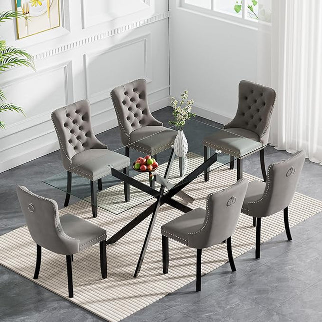 HomVent 7 Piece Rectangular Glass Dining Table Set, Tempered Glass Dinner Table Set for 6 Kitchen Table Set with 6 Velvet Upholstered Chairs for Kitchen Dining Room