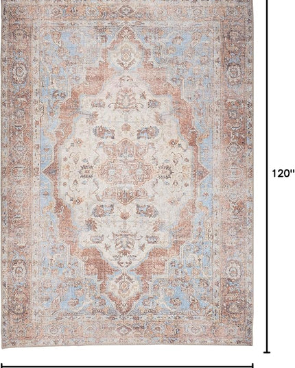 GLN Rugs Traditional Collection - Machine Washable Area Rug, Traditional Washable, Non Slip, Low Pile Chenille Rug, Living Room, Bedroom, Kitchen Rug (7'10"x10' Brown/Blue)