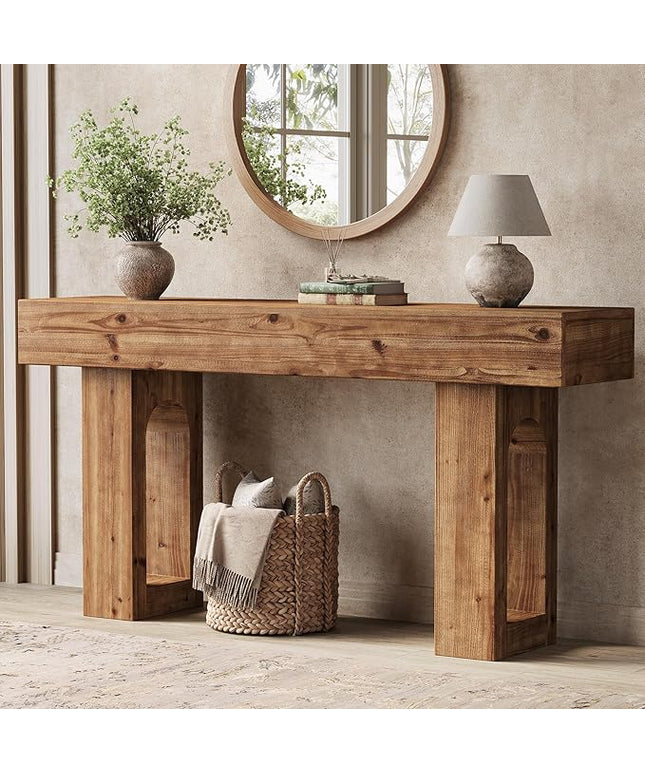 Solid Wood Console Table, 63-Inch Long Farmhouse Entryway Table, Sofa Console Behind Couch, for Foyer, Hallway, Living Room