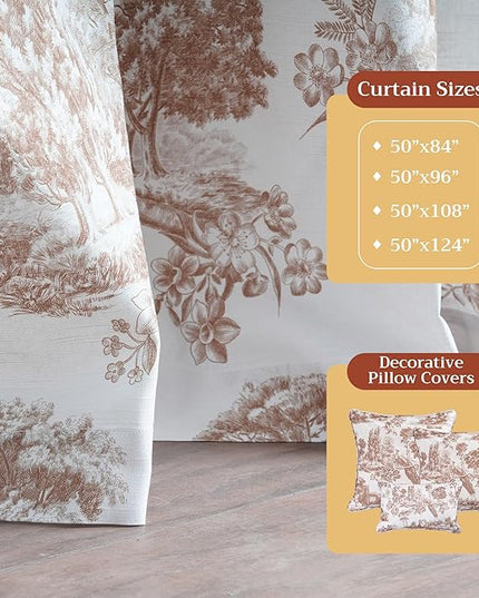 Maison d' Hermine Curtains for Living Room 100% Cotton 124 inch Length One Panel Light Filtering Toile Curtains for Bedroom Windows with Rod and Loop Pockets Drapes (Trianon Brown, 50" W x 124" L)