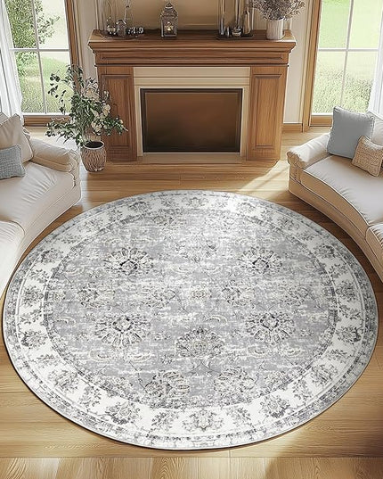 jinchan Fiora Round Rug 8ft Area Rugs - Vintage Floral Distressed Design Machine Washable Non-Slip Low-Pile Ultra-Thin Circle Rug for Living Room Dining Room Bedroom Farmhouse (8' Round, Grey)