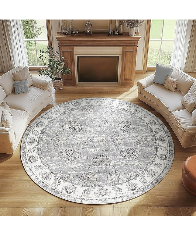 jinchan Fiora Round Rug 8ft Area Rugs - Vintage Floral Distressed Design Machine Washable Non-Slip Low-Pile Ultra-Thin Circle Rug for Living Room Dining Room Bedroom Farmhouse (8' Round, Grey)