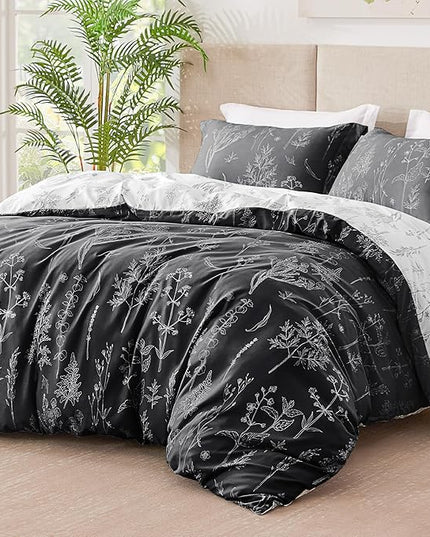 Love's cabin Black Queen Comforter Set - Queen Size Comforter Set, 3 Pieces Cute Floral Bedding Sets for All Seasons,1 Soft Reversible Botanical Flowers Comforter and 2 Pillow Shams