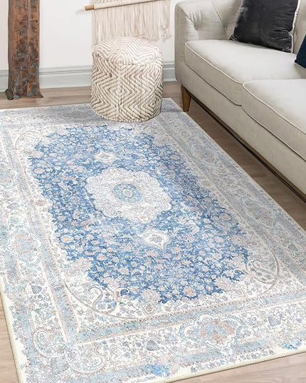 Blue Rug 3x5,Washable Area Rugs for Bedroom Living Room Kitchen Entryway,Small Boho Vintage Bohemian Distressed Non Slip Carpet,Floral