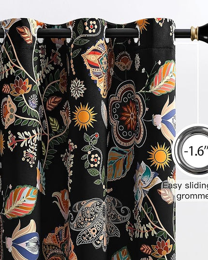 XiDi Dark Black Floral Blackout Curtains 96 Inches Long for Living Dining Room 2 Panels Patterned Curtains Decorative Thermal Insulated Luxury Vintage Flower Botanical Printed Grommet Drapes 52x96