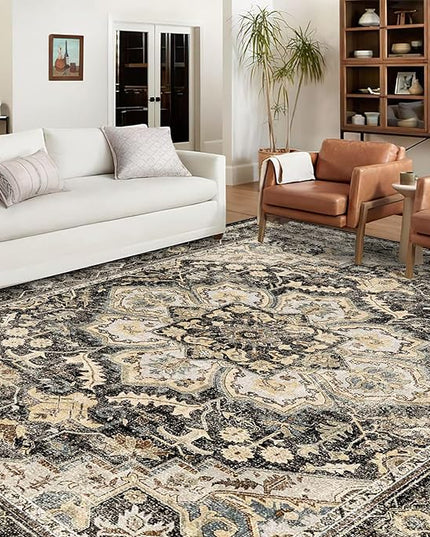 Washable Oriental Area Rug - 9x12 Rugs for Living Room Soft Carpet for Bedroom Waterproof Floral Distressed Indoor Stain Resistant Non-Shedding Floor Carpets (Black/Grey, 9x12)