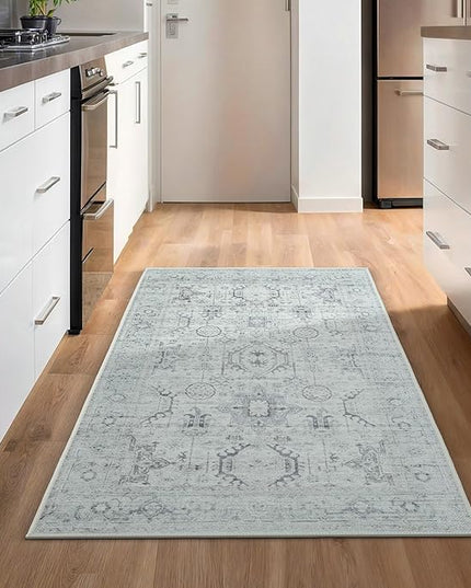 GLN Rugs Bohemian Collection - Machine Washable Area Rug, Bohemian Vintage, Non Slip, Low Pile Chenille Rug, Living Room, Bedroom, Bathroom Rug (2'6"x7' Beige and Gray)