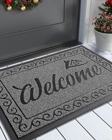 Yimobra Welcome Mat Outdoor Indoor, Waterproof Heavy Duty Front Door Mat Outside Entrance, Extra Sturdy Non-Slip Doormat, Low Profile, Dirt Trapping, 36x24 Inches, Black Gray
