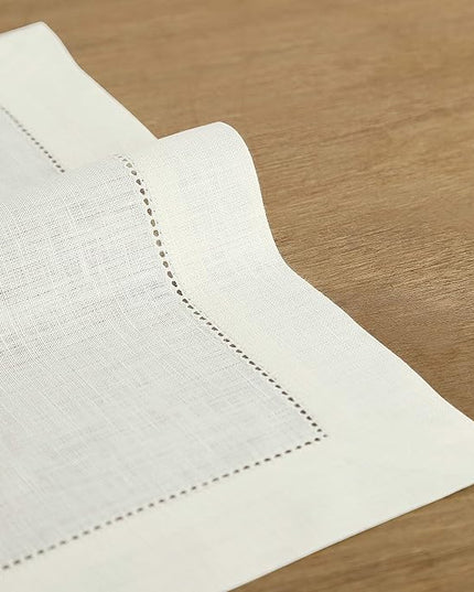 Solino Home Linen Cloth Placemats Set of 6-100% Pure Linen Hemstitch Ivory Placemats 14 x 19 Inch - Classic Hemstitch Table Place Mats for Christmas, Holiday, New Year