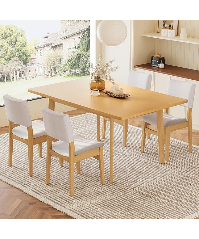 5-Piece Dining Set Modern Dinner Table Set for 4, Wood Dining Table with 4 Upholstered Chairs, 60" Rectangular Table with Stackable Chairs Padded Seat Backrest for Dining Room Kitchen Apartment