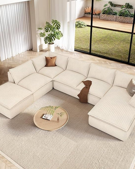 Vesgantti 141.7" Oversized Sectional Boneless Couch, Modern 7 Seater Modular Sofa with Chaise & Ottoman, Deep Seat Plush Corduroy Cloud Couches for Living Room, No Assembly Required, Beige
