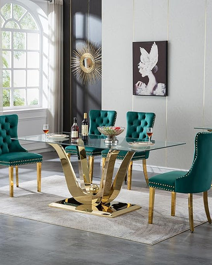 5-Piece Glass Dining Table Set w/4 Green Upholstered Dining Chairs, 70in Rectangular Large Kitchen Table Set for 4, Glass and Gold Dining Table and Chair Set for 4