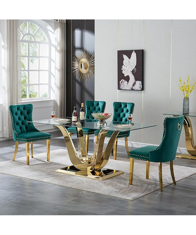 5-Piece Glass Dining Table Set w/4 Green Upholstered Dining Chairs, 70in Rectangular Large Kitchen Table Set for 4, Glass and Gold Dining Table and Chair Set for 4