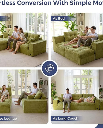 MAXYOYO 104" L Shaped Modular Sectional Sofa with Ottoman, Cloud Boneless Couch with Layered Cushion, Upholstered Sofa in a Box, Flexible Module Combination for Living Room, No Assembly, Green