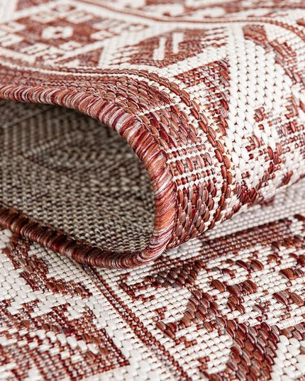 Rugs.com Outdoor Aztec Collection Rug – 6 Ft Round Rust Red Flatweave-Pile Rug Perfect for Kitchens, Dining Rooms