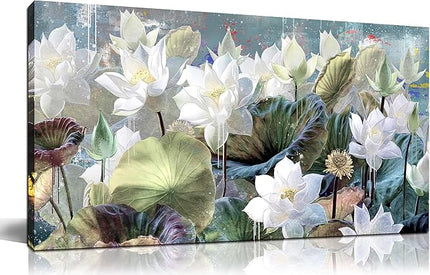 GUGIKA Flower Wall Art for Living Room, White Lotus Canvas Wall-Art for Bedroom, Watercolor Floral Print Paintings, Size 48x24 Inches