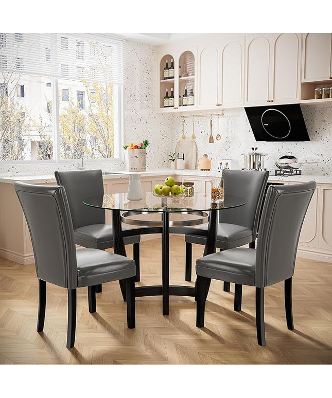 PADMA HOUSE Round Glass Dining Table Set for 4, 45in Modern Kitchen Small Wood Dinner Table with 4 Parsons Leather Dining Chairs 5 Piece Dining Room Table Chair Set, Clear&Grey