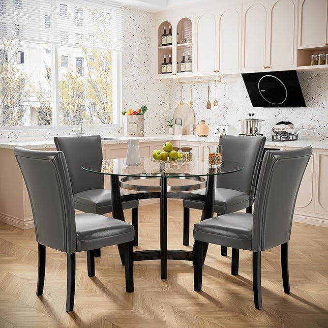 PADMA HOUSE Round Glass Dining Table Set for 6, 45in Modern Kitchen Small Wood Dinner Table with 6 Parsons Leather Dining Chairs 7 Piece Dining Room Table Chair Set, Clear&Grey